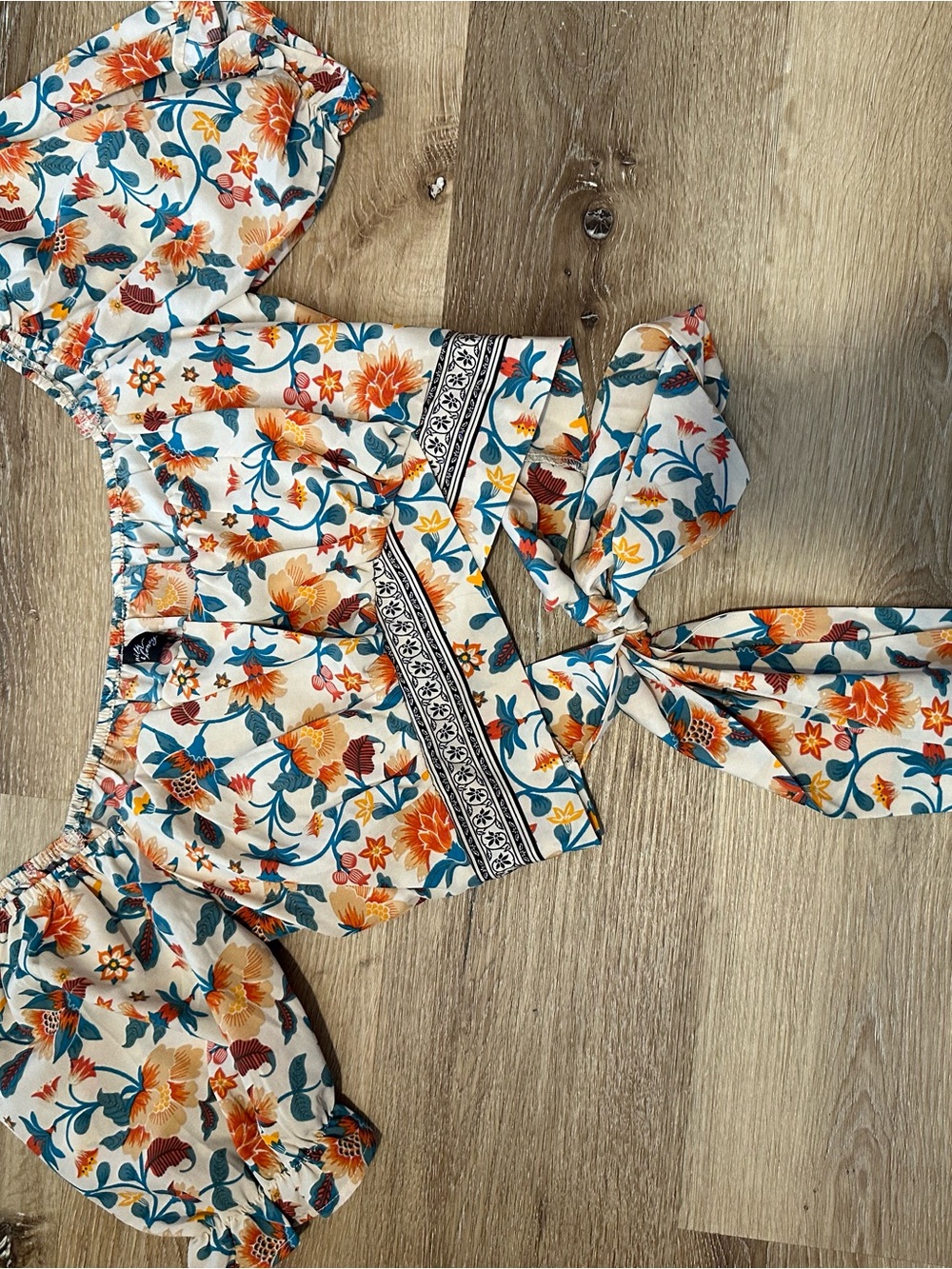 Floral Tie-back Blouse - White with Orange & Teal Print